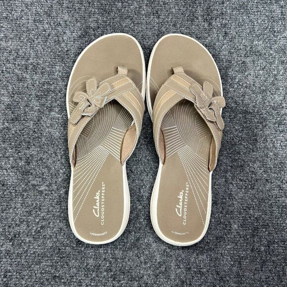 Clarks Cloudsteppers Sandals Women's 10 Tan Comfort Casual Toe Post Flip Flops - Picture 8 of 12